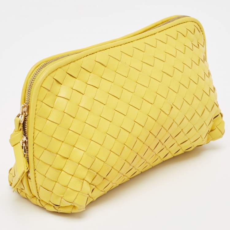 Pre Owned Bottega Veneta Yellow Leather Zip Pouch 