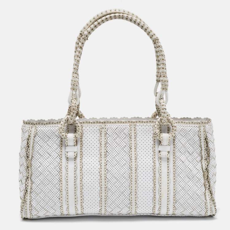 Pre Owned Bottega Veneta Offwhite Perforated Leather Tote