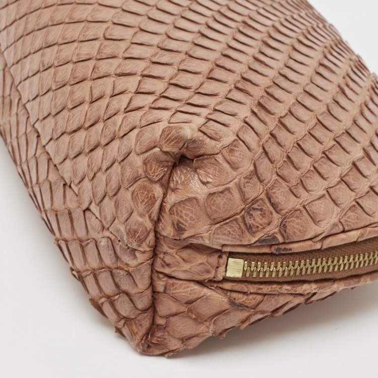 Pre Owned Bottega Veneta Brown Python Zip Pouch