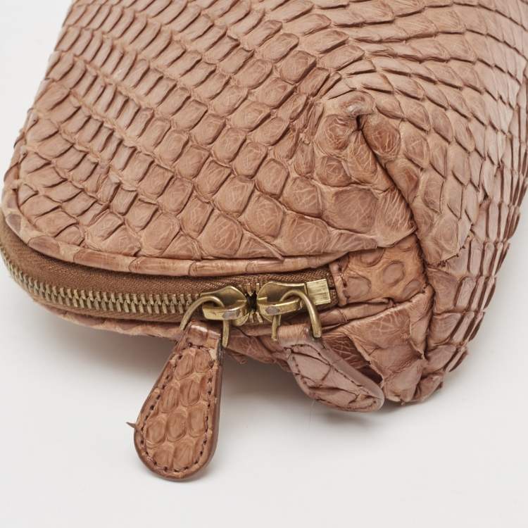 Pre Owned Bottega Veneta Brown Python Zip Pouch