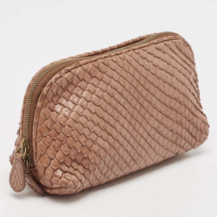 Pre Owned Bottega Veneta Brown Python Zip Pouch
