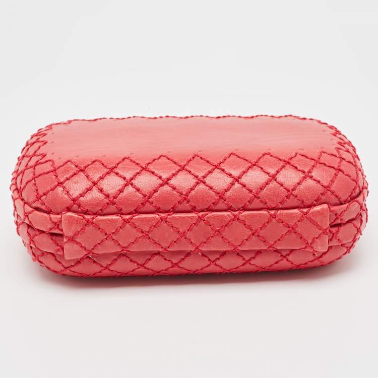 Pre Owned Bottega Veneta Pink Intrecciato Stitch Leather Knot Clutch