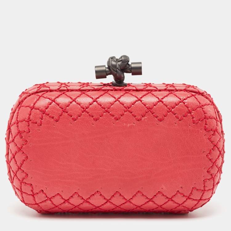 Pre Owned Bottega Veneta Pink Intrecciato Stitch Leather Knot Clutch