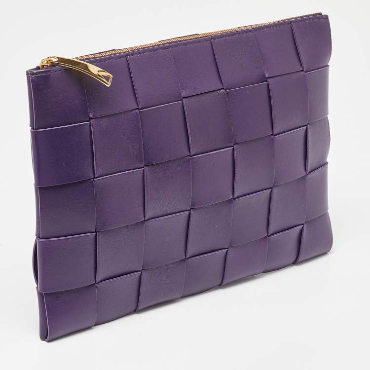 Pre Owned Bottega Veneta Purple Intrecciato Leather Zip Clutch
