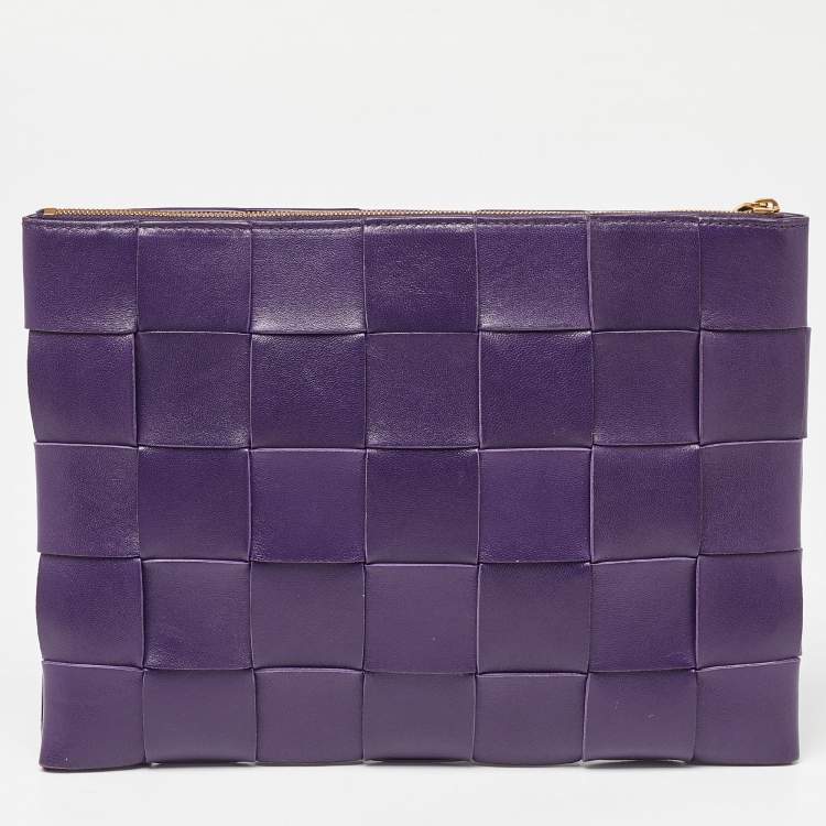 Pre Owned Bottega Veneta Purple Intrecciato Leather Zip Clutch