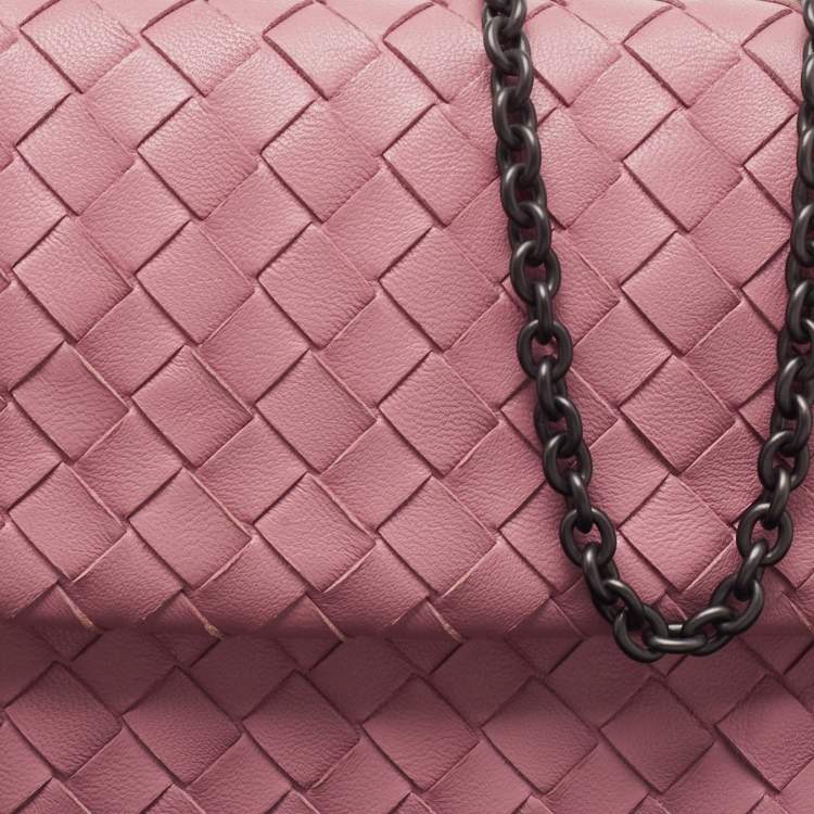 Pre Owned Bottega Veneta Light Pink Intreccaito Leather Olimpia Chain Shoulder Bag