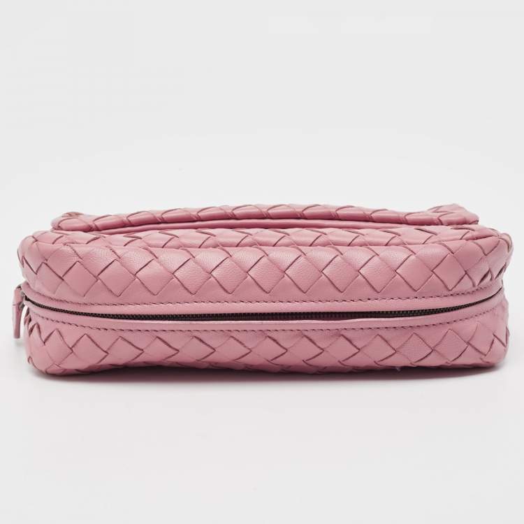 Pre Owned Bottega Veneta Light Pink Intreccaito Leather Olimpia Chain Shoulder Bag