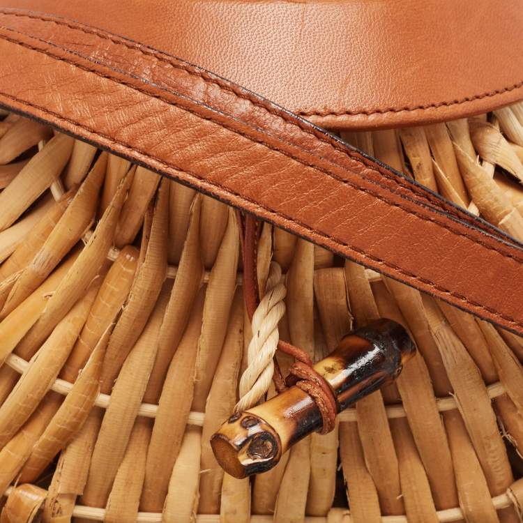 Pre Owned Bottega Veneta Brown/Beige Raffia and Leather Wicker Flap Crossbody Bag