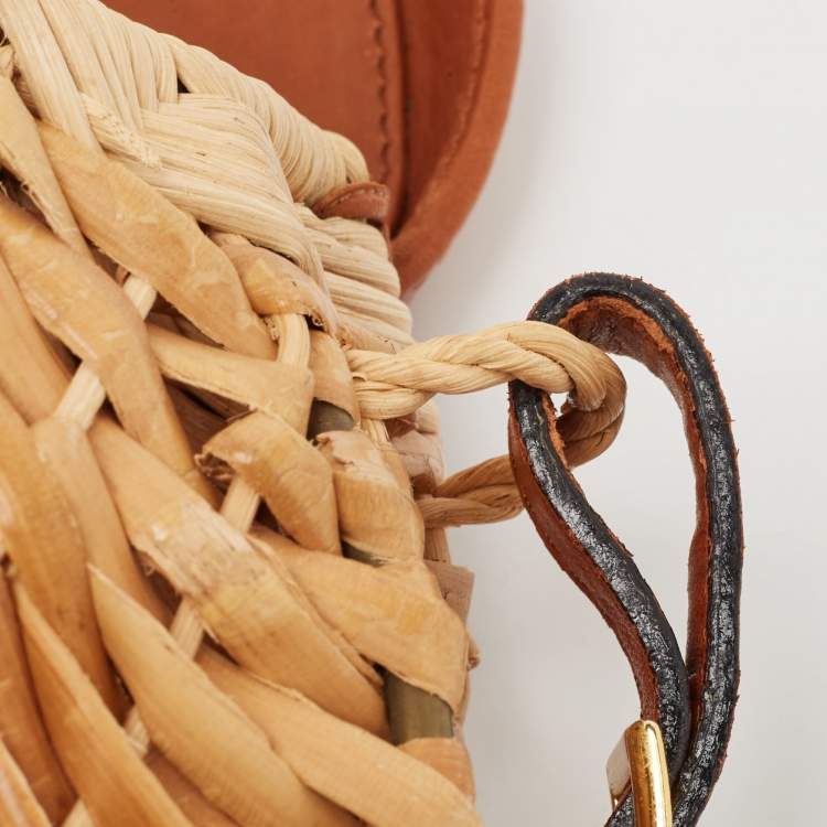 Pre Owned Bottega Veneta Brown/Beige Raffia and Leather Wicker Flap Crossbody Bag