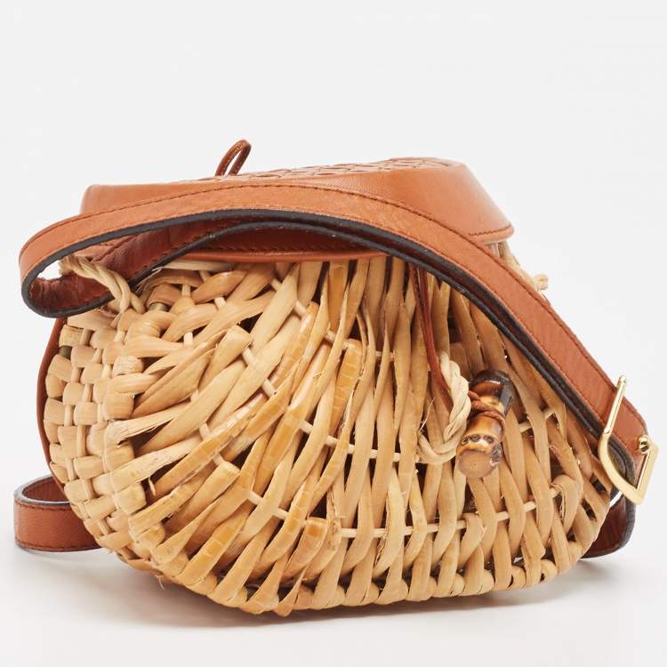 Pre Owned Bottega Veneta Brown/Beige Raffia and Leather Wicker Flap Crossbody Bag