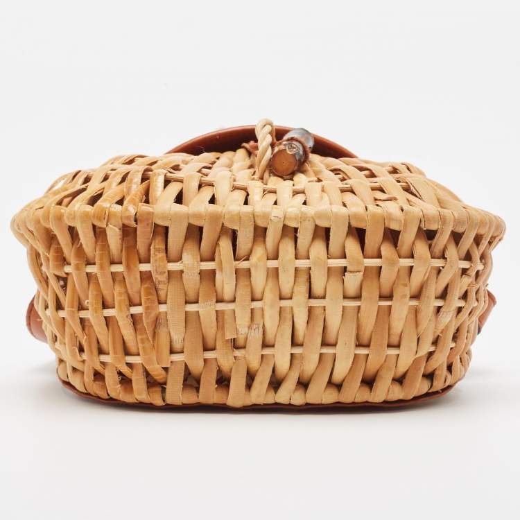 Pre Owned Bottega Veneta Brown/Beige Raffia and Leather Wicker Flap Crossbody Bag