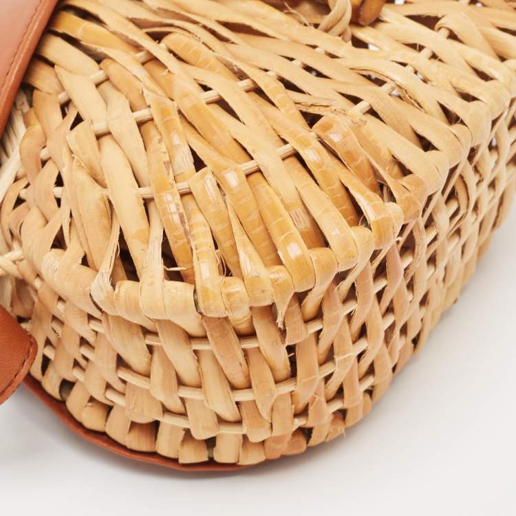 Pre Owned Bottega Veneta Brown/Beige Raffia and Leather Wicker Flap Crossbody Bag