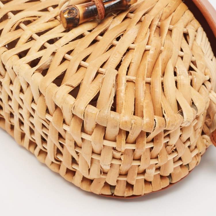 Pre Owned Bottega Veneta Brown/Beige Raffia and Leather Wicker Flap Crossbody Bag