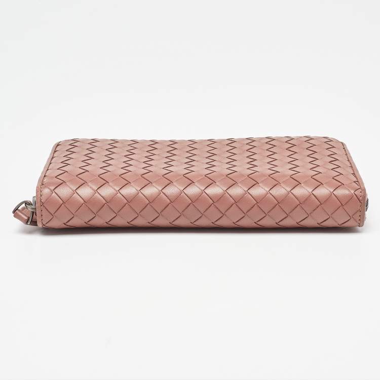Pre Owned Bottega Veneta Old Rose Intrecciato Leather Zip Around Wallet