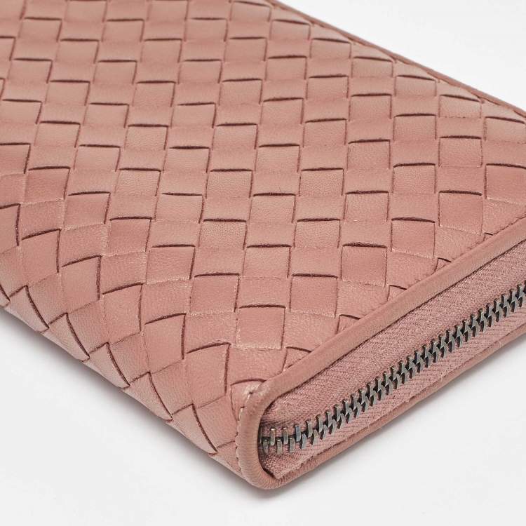 Pre Owned Bottega Veneta Old Rose Intrecciato Leather Zip Around Wallet