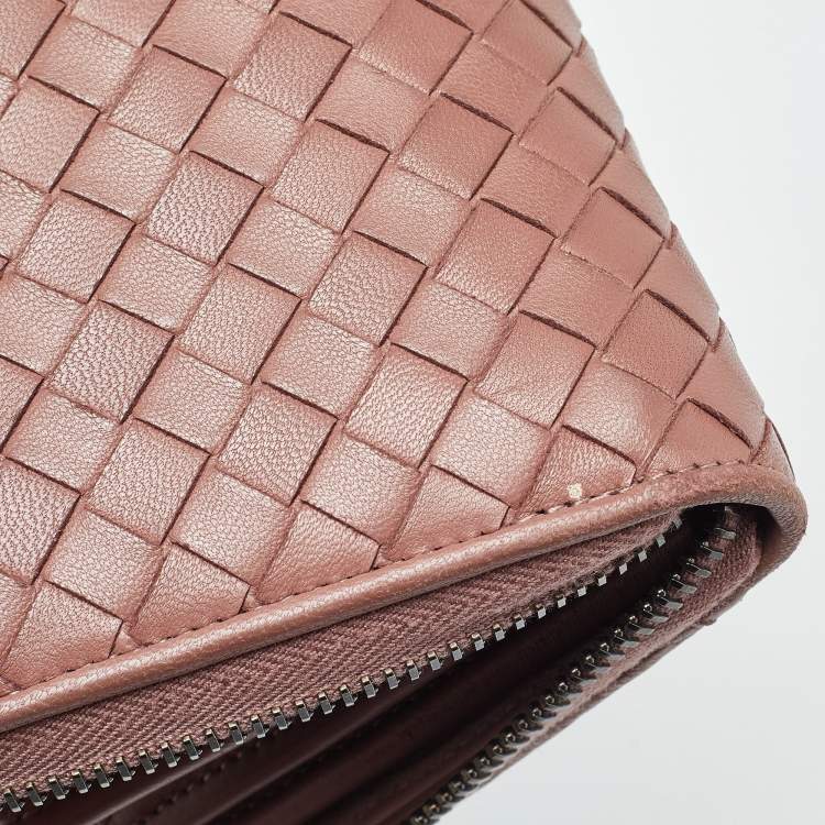 Pre Owned Bottega Veneta Old Rose Intrecciato Leather Zip Around Wallet