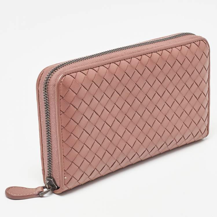 Pre Owned Bottega Veneta Old Rose Intrecciato Leather Zip Around Wallet