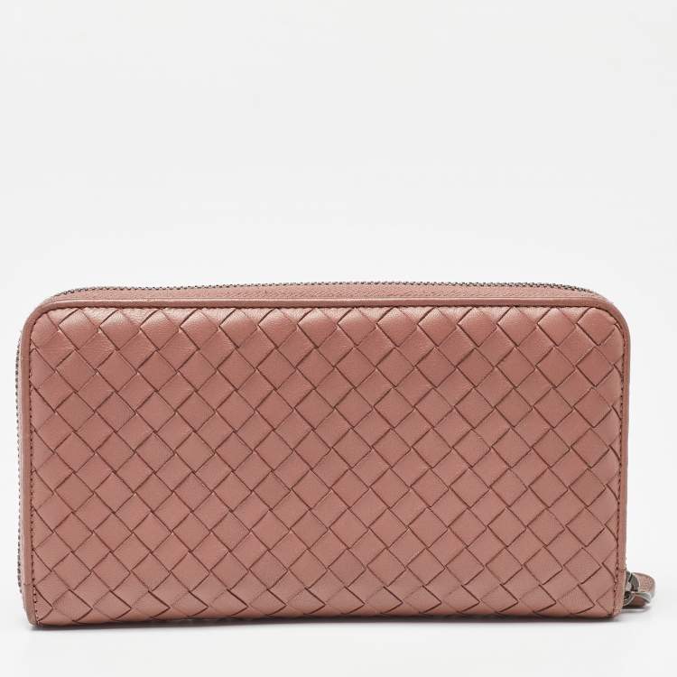 Pre Owned Bottega Veneta Old Rose Intrecciato Leather Zip Around Wallet