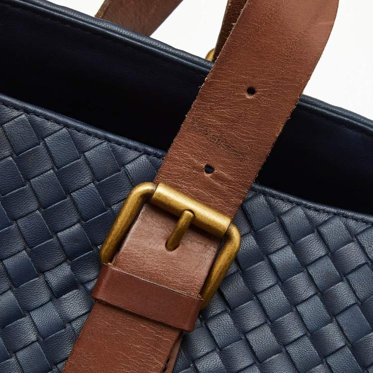 Pre Owned Bottega Veneta Blue/Tan Intrecciato Leather Shopper Tote