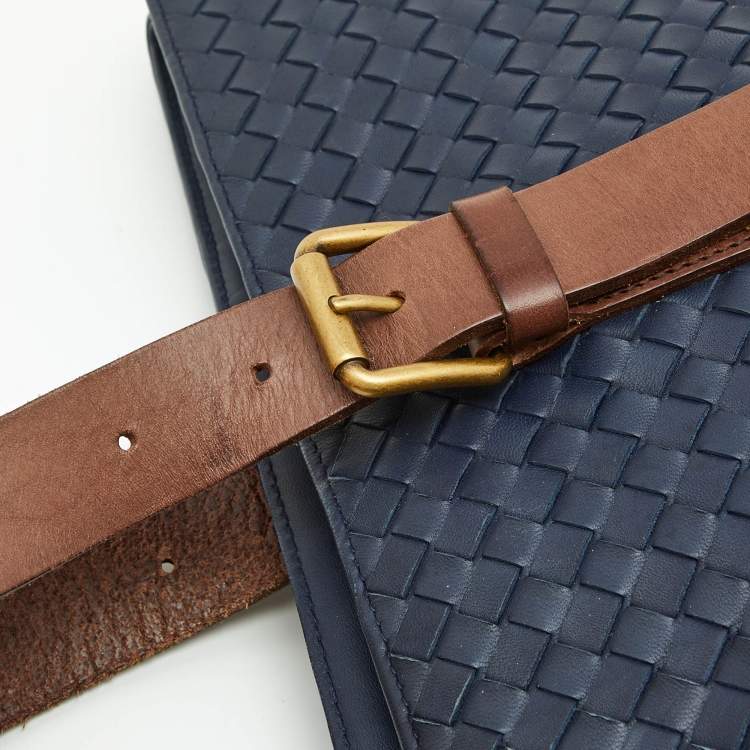 Pre Owned Bottega Veneta Blue/Tan Intrecciato Leather Shopper Tote