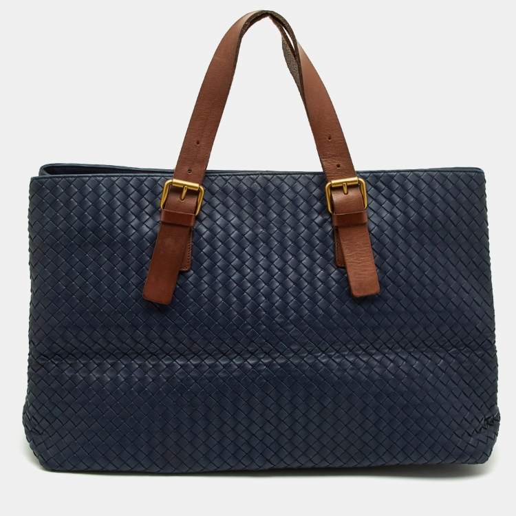 Pre Owned Bottega Veneta Blue/Tan Intrecciato Leather Shopper Tote
