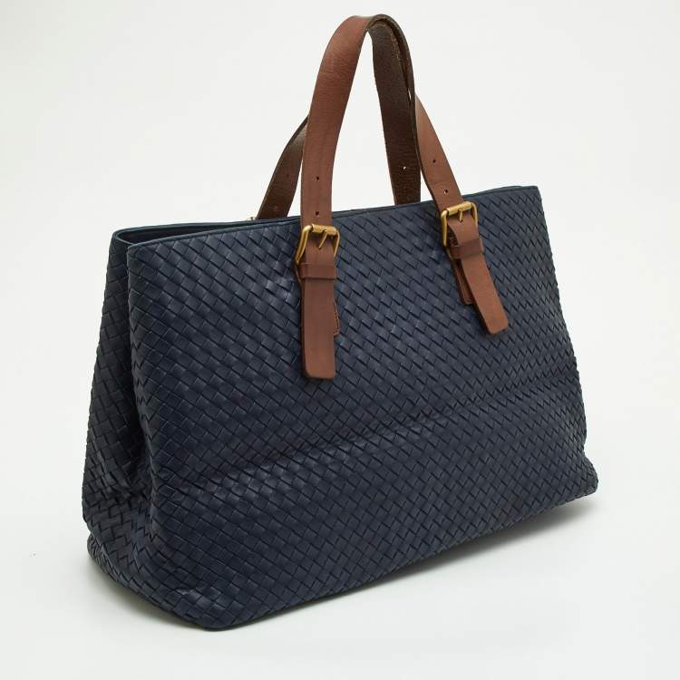 Pre Owned Bottega Veneta Blue/Tan Intrecciato Leather Shopper Tote