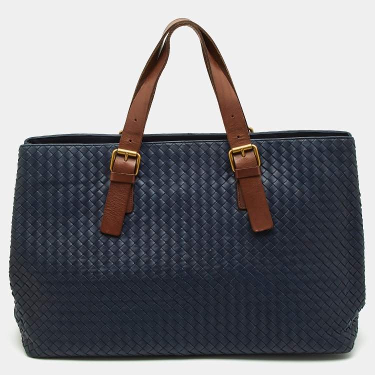 Pre Owned Bottega Veneta Blue/Tan Intrecciato Leather Shopper Tote