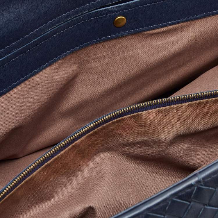 Pre Owned Bottega Veneta Blue/Tan Intrecciato Leather Shopper Tote