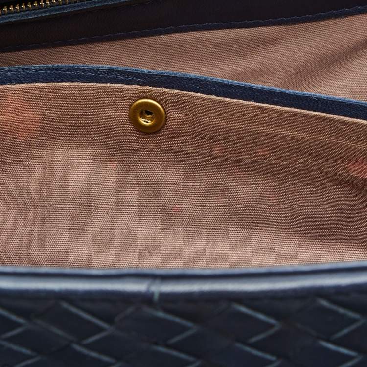 Pre Owned Bottega Veneta Blue/Tan Intrecciato Leather Shopper Tote