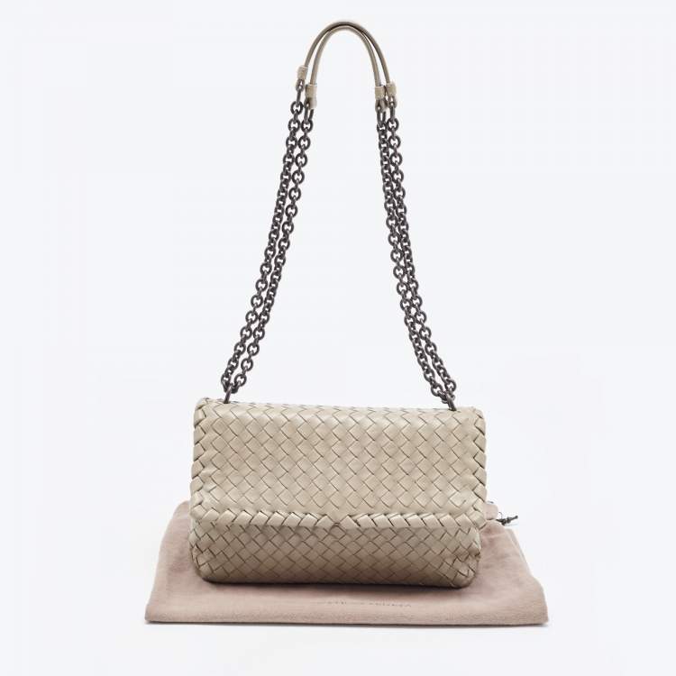 Pre Owned Bottega Veneta Grey Woven Leather Small Olimpia Shoulder Bag