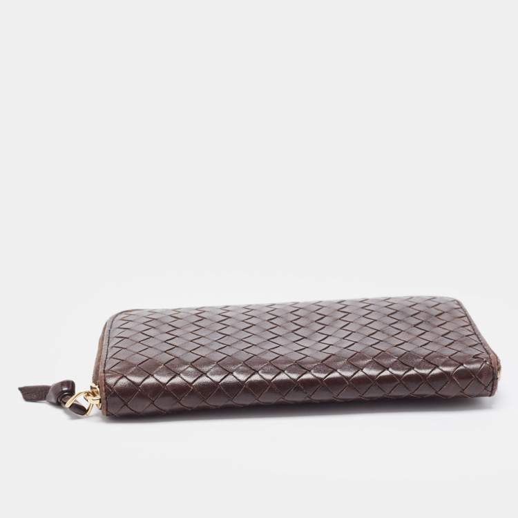 Pre Owned Bottega Veneta Dark Brown Intrecciato Leather Zip Around Wallet