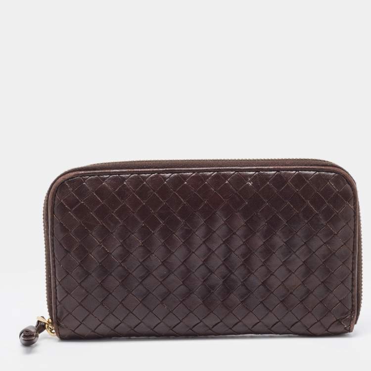 Pre Owned Bottega Veneta Dark Brown Intrecciato Leather Zip Around Wallet