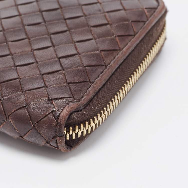 Pre Owned Bottega Veneta Dark Brown Intrecciato Leather Zip Around Wallet