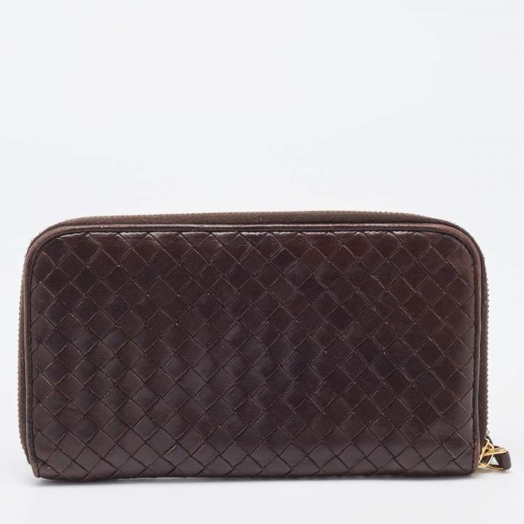 Pre Owned Bottega Veneta Dark Brown Intrecciato Leather Zip Around Wallet