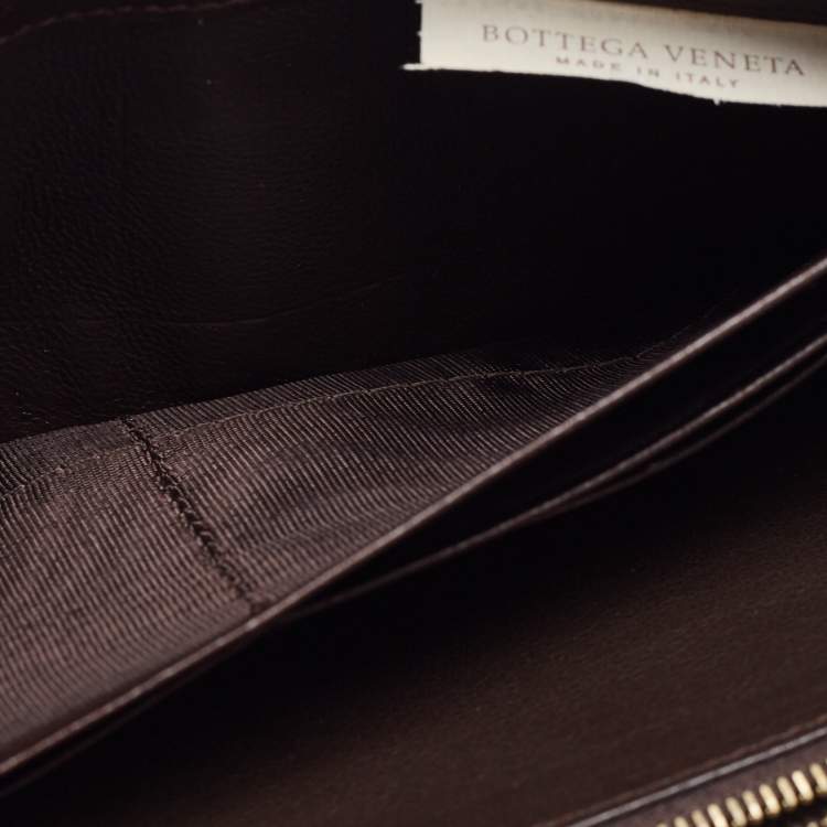 Pre Owned Bottega Veneta Dark Brown Intrecciato Leather Zip Around Wallet