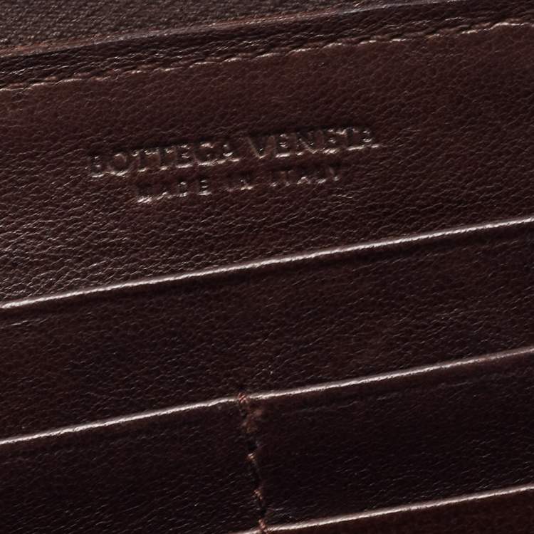 Pre Owned Bottega Veneta Dark Brown Intrecciato Leather Zip Around Wallet