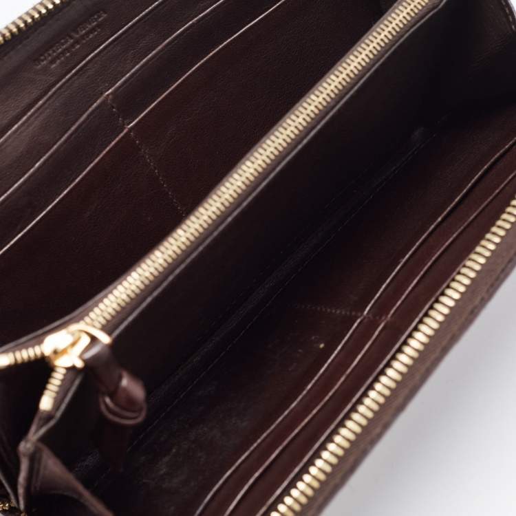 Pre Owned Bottega Veneta Dark Brown Intrecciato Leather Zip Around Wallet