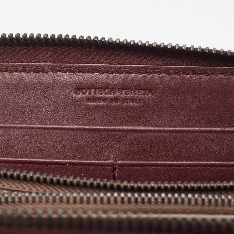 Pre Owned Bottega Veneta Burgundy Intrecciato Leather and Velvet Zip Around Wallet