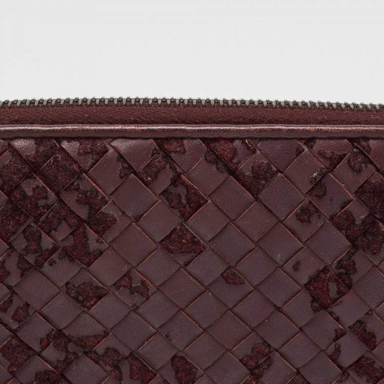 Pre Owned Bottega Veneta Burgundy Intrecciato Leather and Velvet Zip Around Wallet
