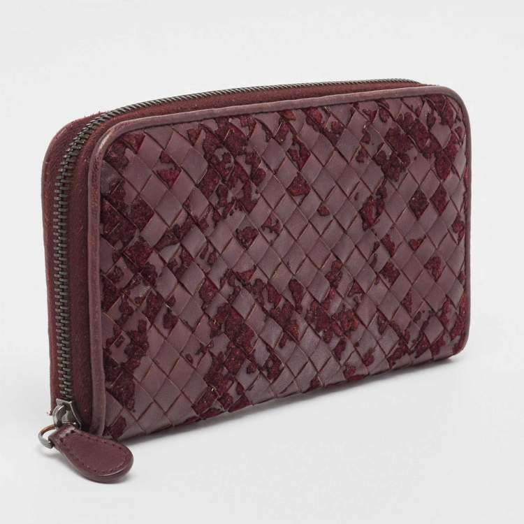 Pre Owned Bottega Veneta Burgundy Intrecciato Leather and Velvet Zip Around Wallet