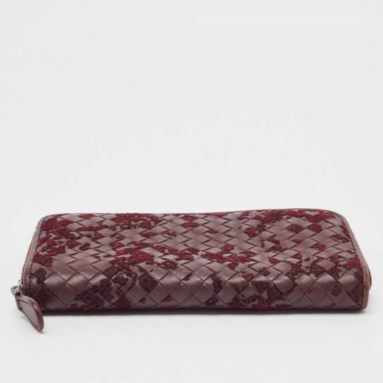 Pre Owned Bottega Veneta Burgundy Intrecciato Leather and Velvet Zip Around Wallet