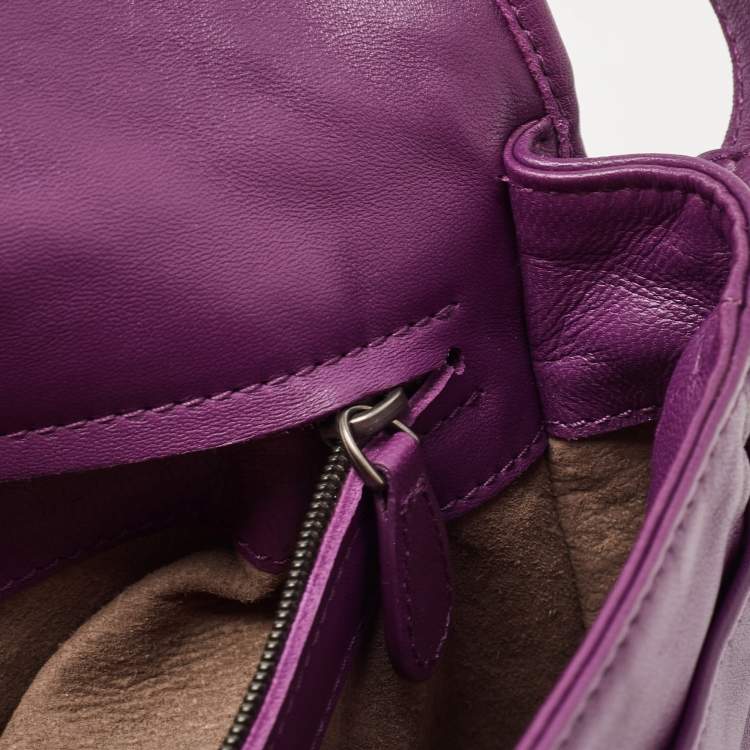 Pre Owned Bottega Veneta Purple Intrecciato Leather Flap Crossbody Bag