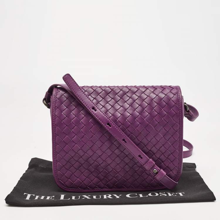 Pre Owned Bottega Veneta Purple Intrecciato Leather Flap Crossbody Bag