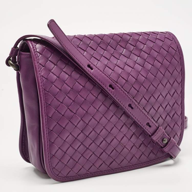 Pre Owned Bottega Veneta Purple Intrecciato Leather Flap Crossbody Bag