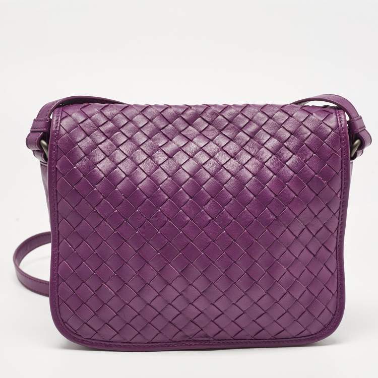 Pre Owned Bottega Veneta Purple Intrecciato Leather Flap Crossbody Bag