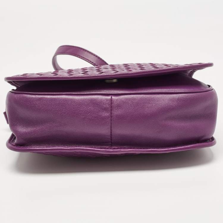 Pre Owned Bottega Veneta Purple Intrecciato Leather Flap Crossbody Bag