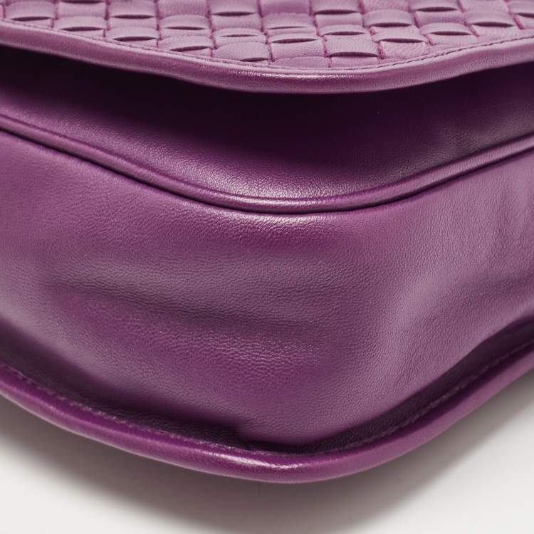 Pre Owned Bottega Veneta Purple Intrecciato Leather Flap Crossbody Bag
