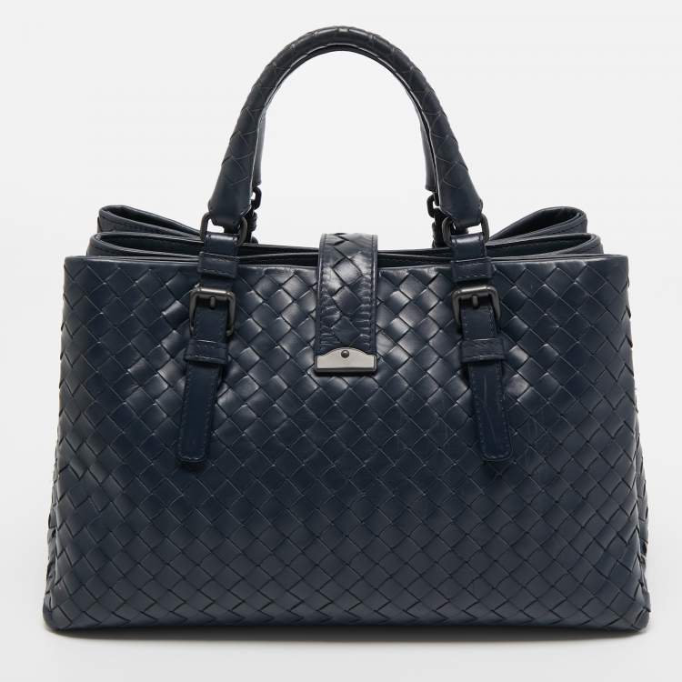 Pre Owned Bottega Veneta Blue Intrecciato Leather Small Roma Tote