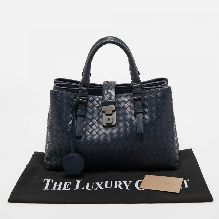 Pre Owned Bottega Veneta Blue Intrecciato Leather Small Roma Tote