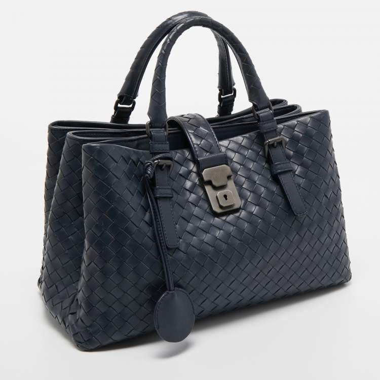 Pre Owned Bottega Veneta Blue Intrecciato Leather Small Roma Tote